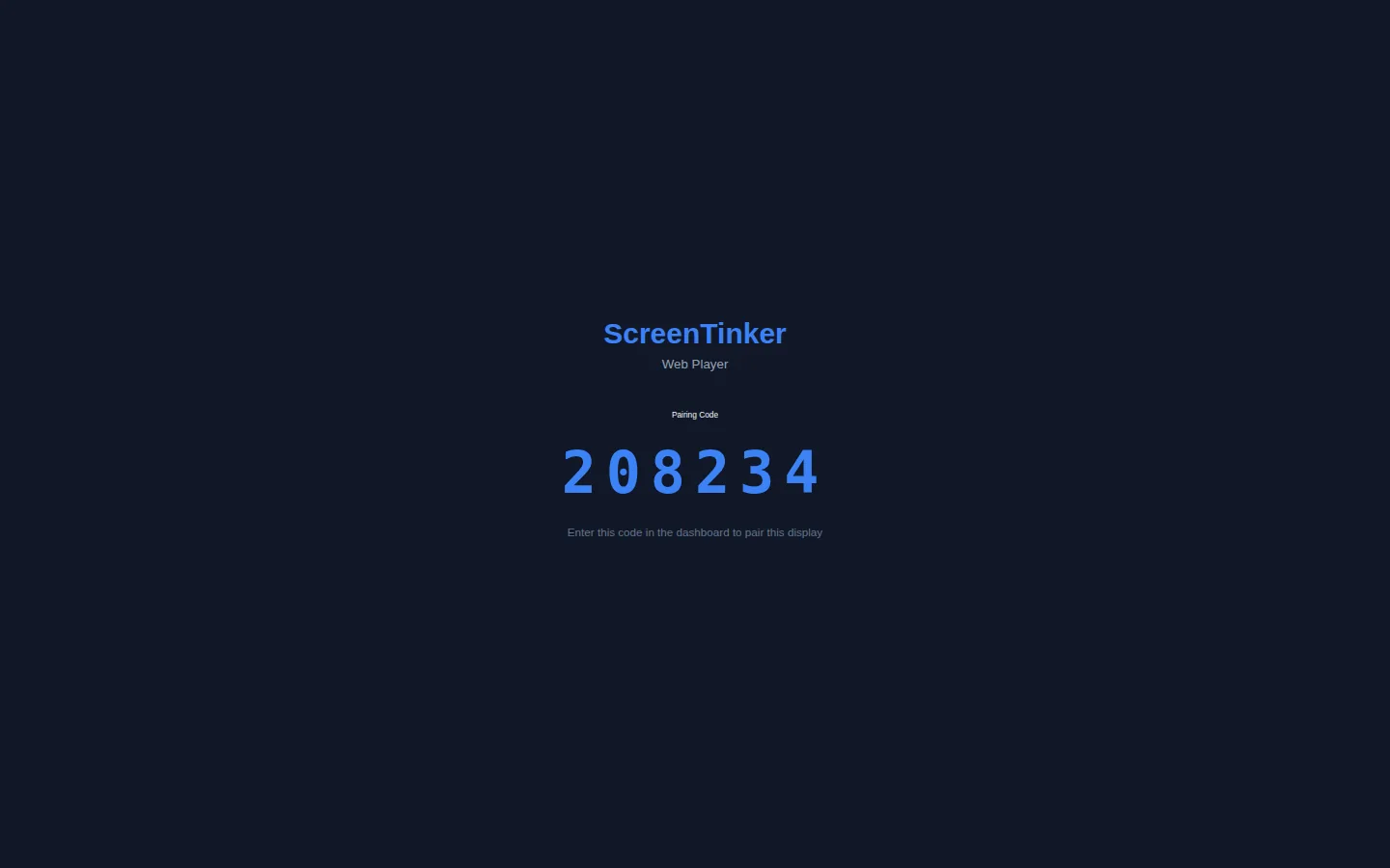 The ScreenTinker web player in a browser, showing Pairing Code 208234 in large blue digits and the line Enter this code in the dashboard to pair this display.